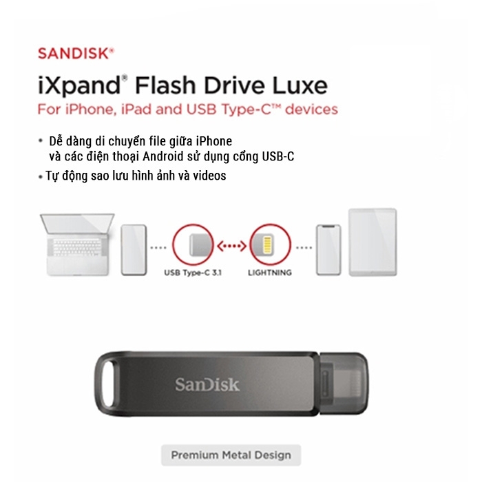 USB OTG Sandisk iXpand Flash Drive Luxe USB-C to Lightning for iPhone iPad 128GB