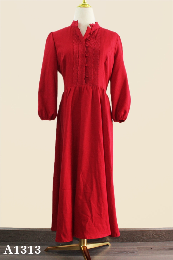 set áo dài đỏ cổ tàu viền nút đen + chân váy dập li voan trắng (ảnh thật) -  Bộ | ThờiTrangNữ.vn