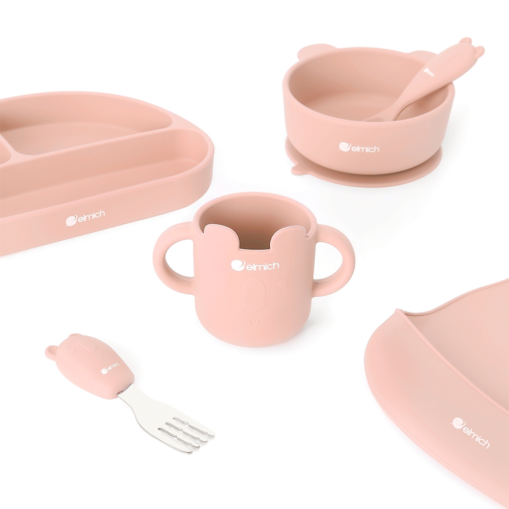 Bộ ăn dặm 7 món bằng silicone cao cấp, màu hồng Elmich 0011