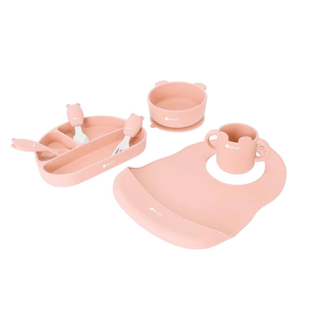 Bộ ăn dặm 7 món bằng silicone cao cấp, màu hồng Elmich 0011