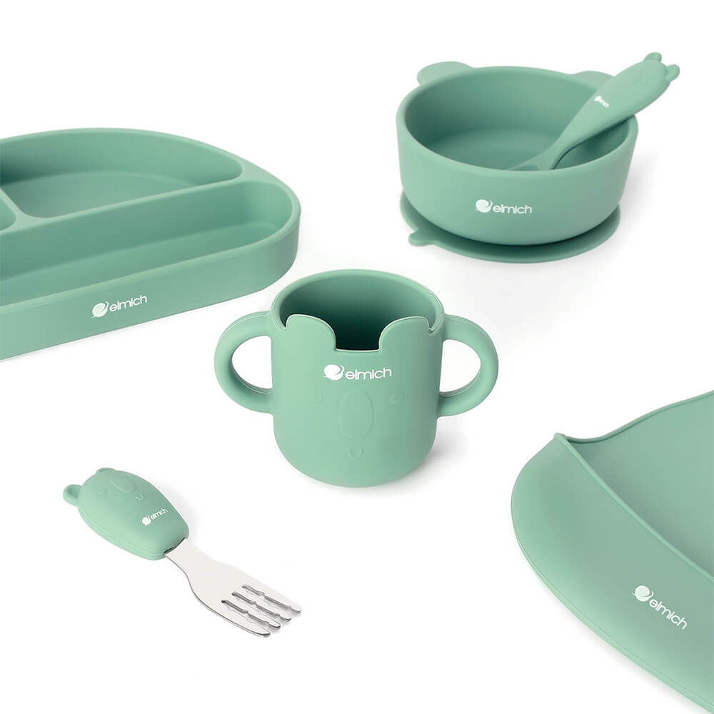 Bộ ăn dặm 7 món bằng silicone cao cấp, màu hồng Elmich 0011