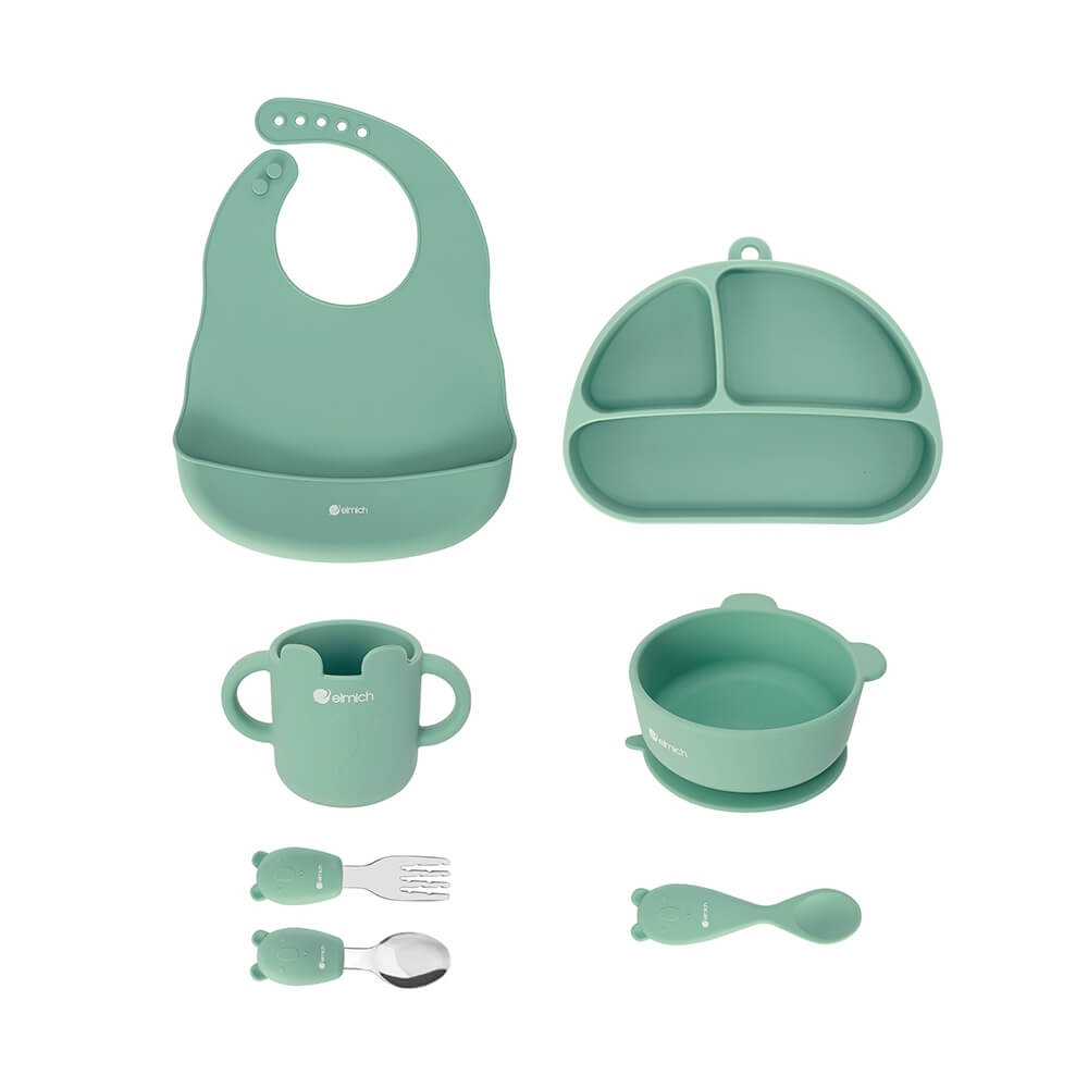 Bộ ăn dặm 7 món bằng silicone cao cấp, màu hồng Elmich 0011