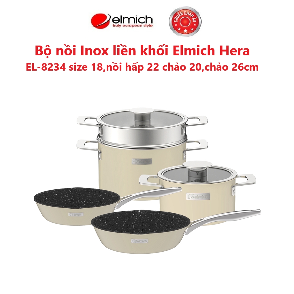 Bộ nồi Inox liền khối Elmich Hera size 18, nối hấp 22 chảo 20, chảo 26cm