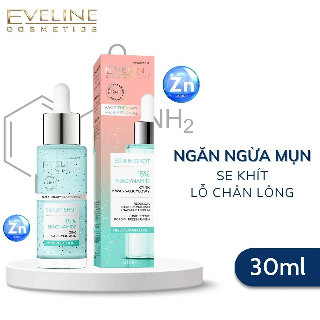 Tinh chất dưỡng da Eveline Serum Shot ngừa mụn, se khít lỗ chân lông Niacinamide 30ml