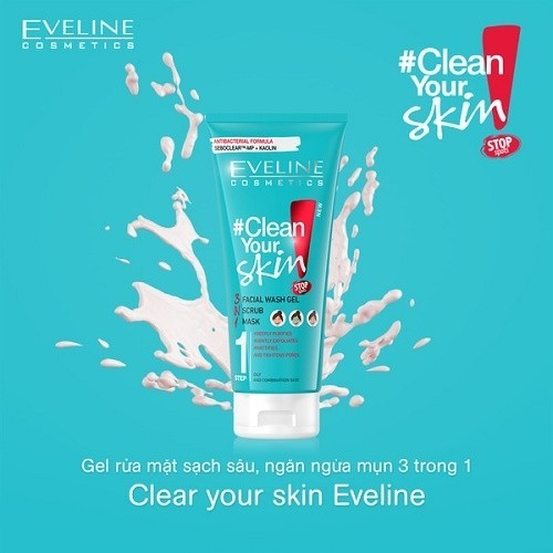 Gel rửa mặt Eveline Clean your Skin ngừa mụn 3 tác động 200ML