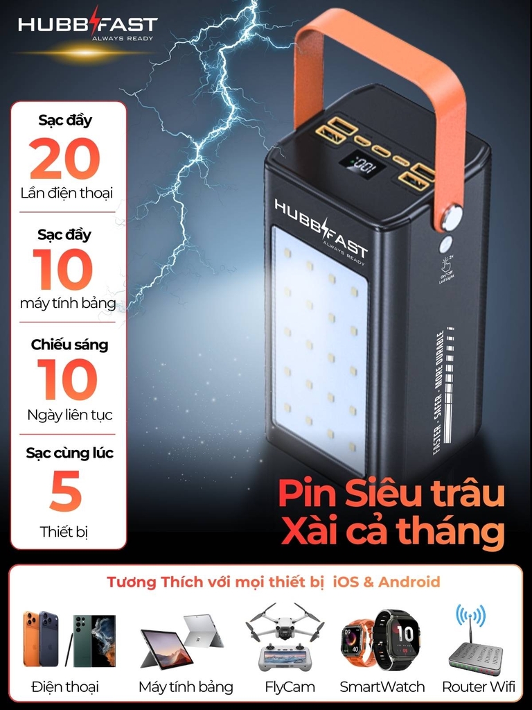 Pin dự phòng Chống Bão,dung lượng 80000mAh HubbFast - PD100. Sạc