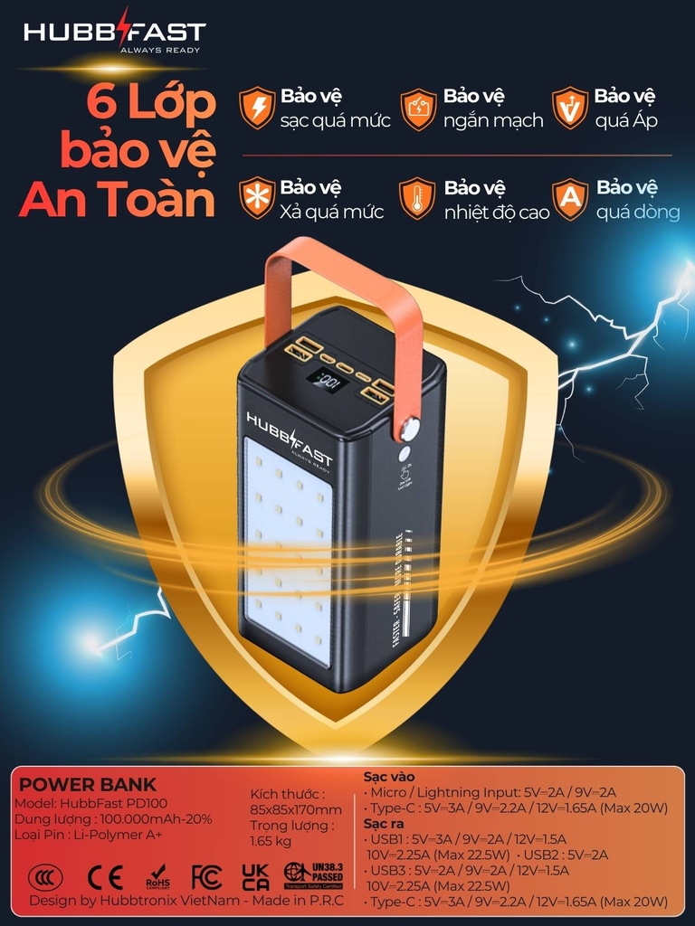 Pin dự phòng Chống Bão,dung lượng 80000mAh HubbFast - PD100. Sạc