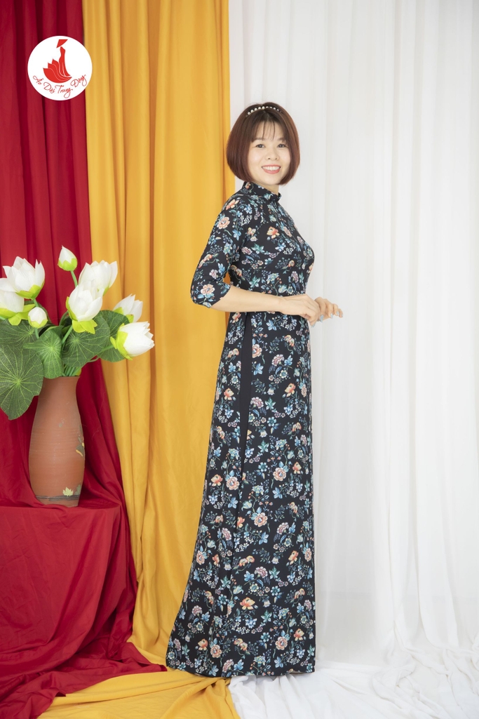 Áo dài hoa nhí cổ 2.5cm vải Von Hàn