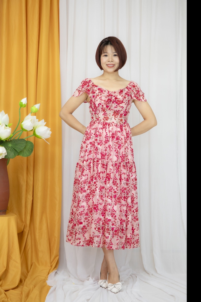Váy maxi cổ tim tay bèo vải Tơ