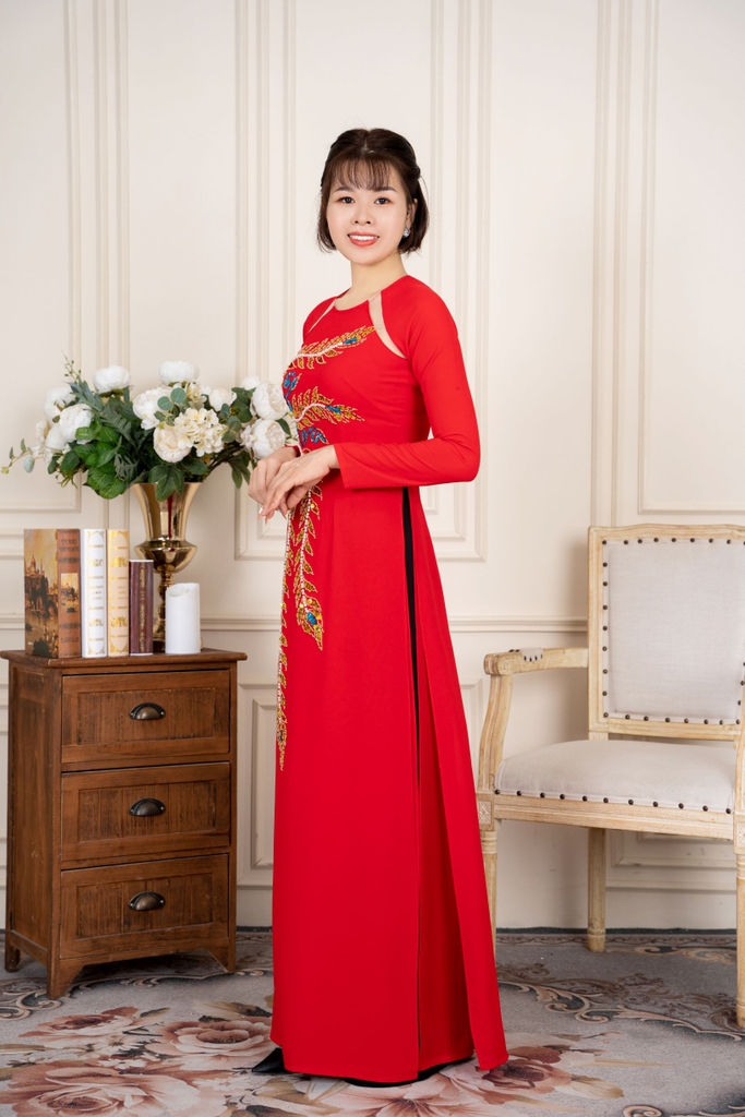 Áo dài đính kết cổ tròn tay dài vải Chifon