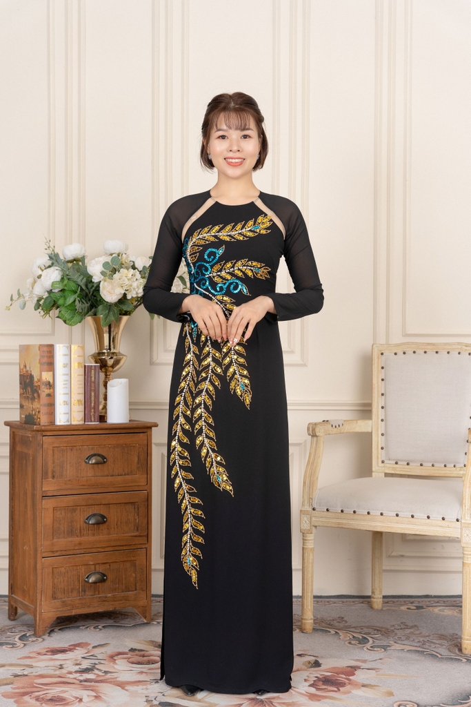 Áo dài đính kết cổ tròn tay dài vải Chifon