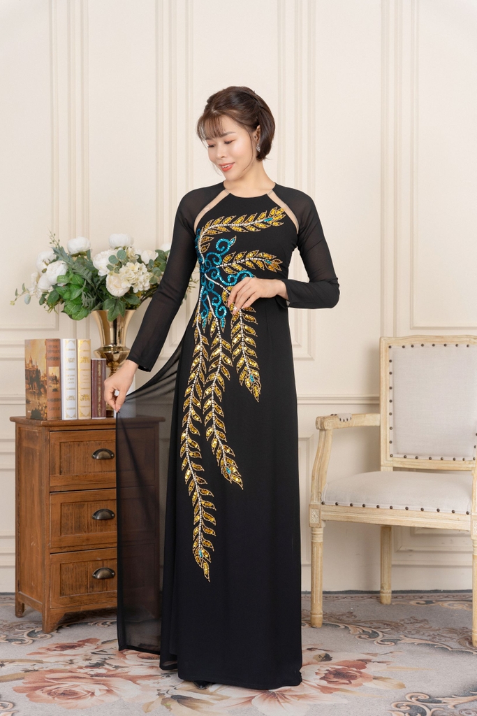 Áo dài đính kết cổ tròn tay dài vải Chifon