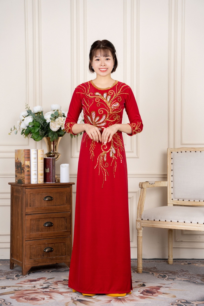Áo dài đính kết cao cấp cổ tròn vải Sake