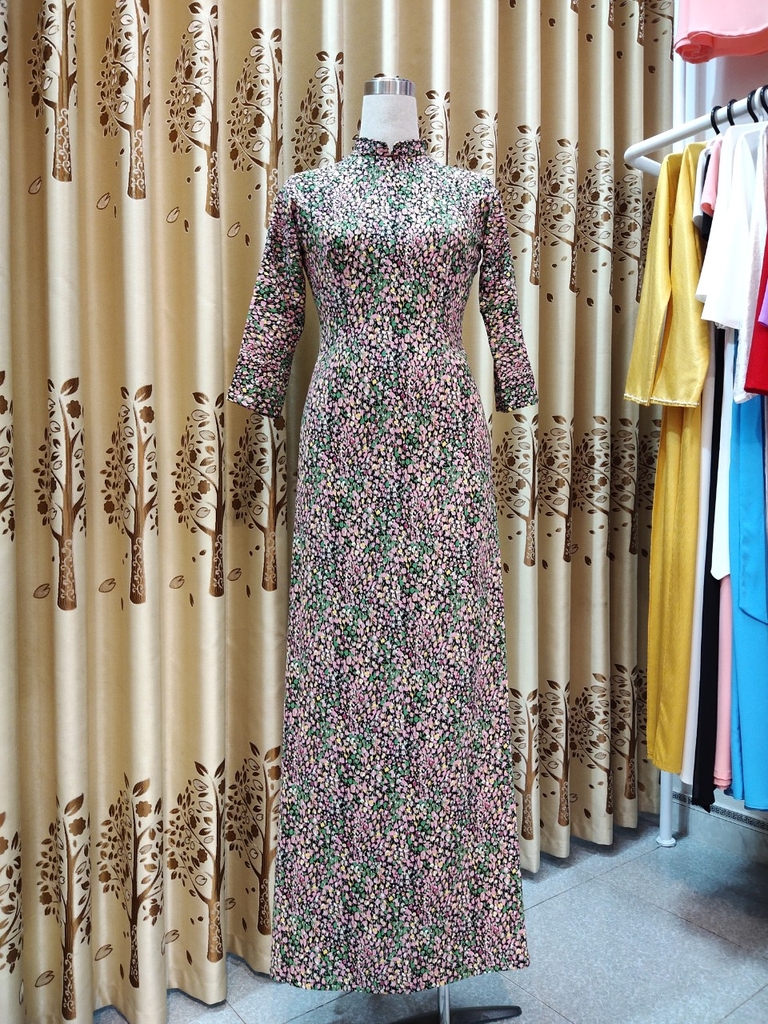 Áo dài hoa nhí vải Lụa Hàn Châu