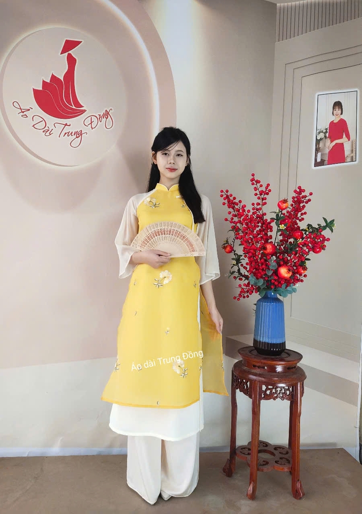Set cách tân tơ nhăn tay phối kem / Áo dài Trung Đồng