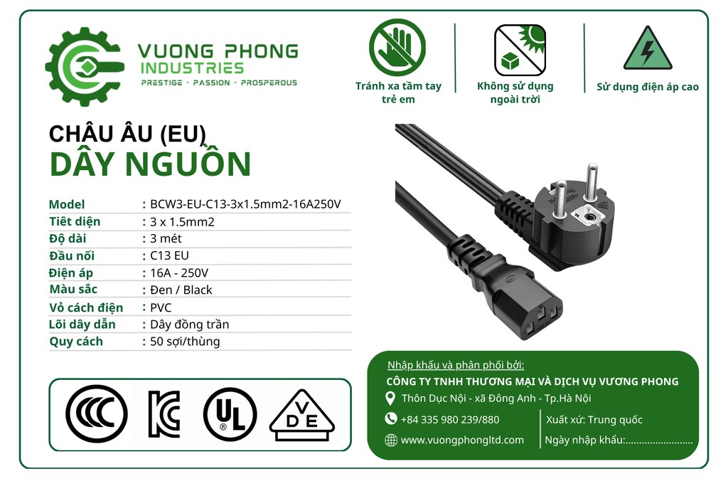 DÂY NGUỒN IEC C13 2 CHẤU 3X1.5MM² DÀI 3 MÉT – KẾT NỐI NGUỒN ĐIỆN AN TOÀN, ỔN ĐỊNH