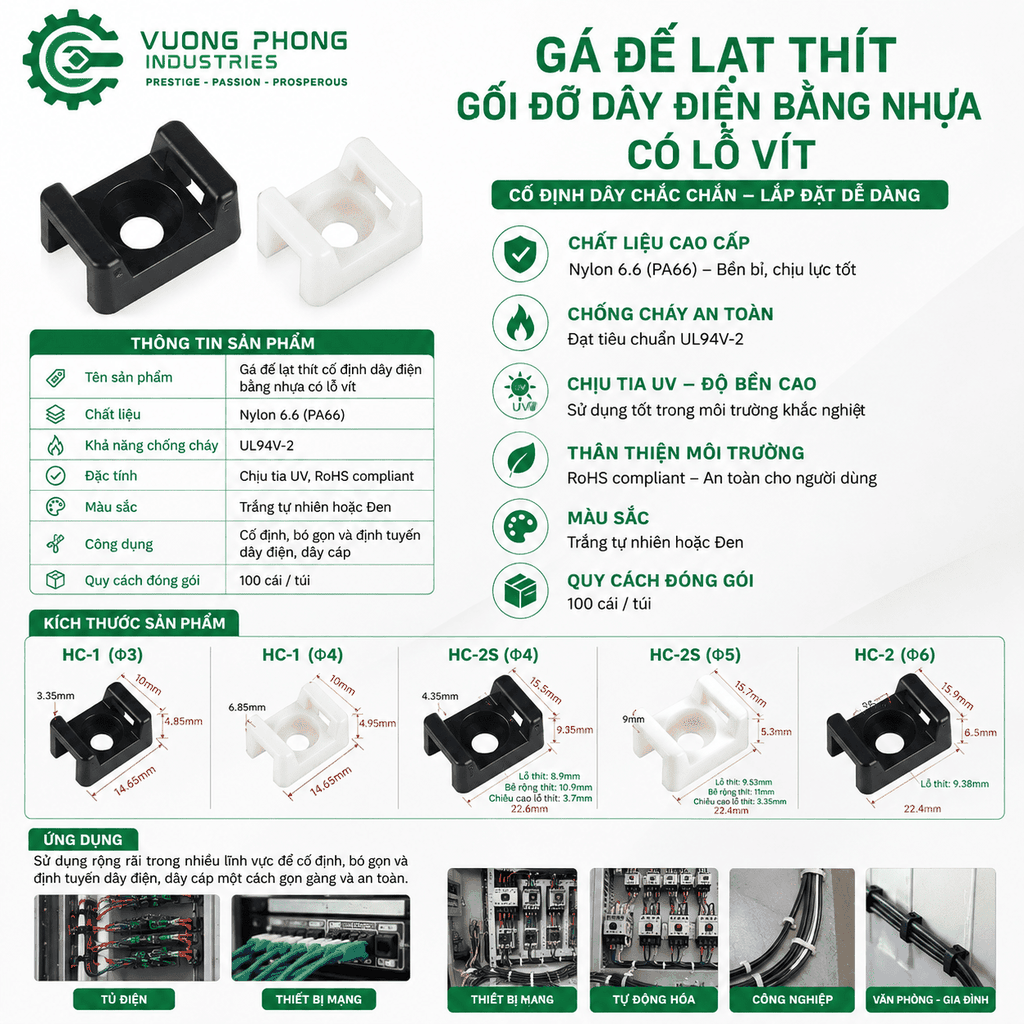 GÁ ĐẾ LẠT THÍT CỐ ĐỊNH DÂY ĐIỆN BẰNG NHỰA CÓ LỖ VÍT – PA66 CHỐNG CHÁY UL94V-2
