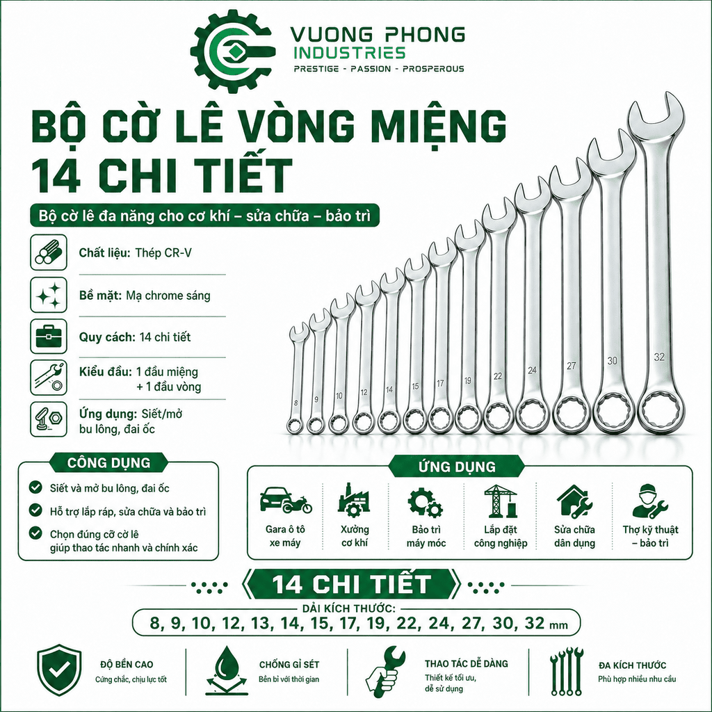 BỘ CỜ LÊ VÒNG MIỆNG 14 CHI TIẾT 8–32MM – THÉP CR-V MẠ CHROME – SIẾT MỞ BU LÔNG, ĐAI ỐC