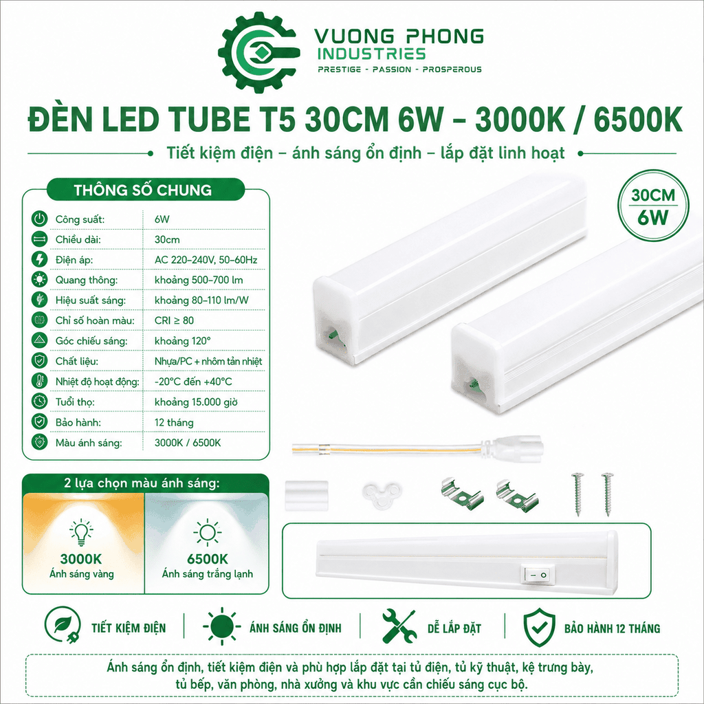 ĐÈN LED TUBE T5 30CM 6W – 3000K / 6500K – TIẾT KIỆM ĐIỆN, ÁNH SÁNG ỔN ĐỊNH