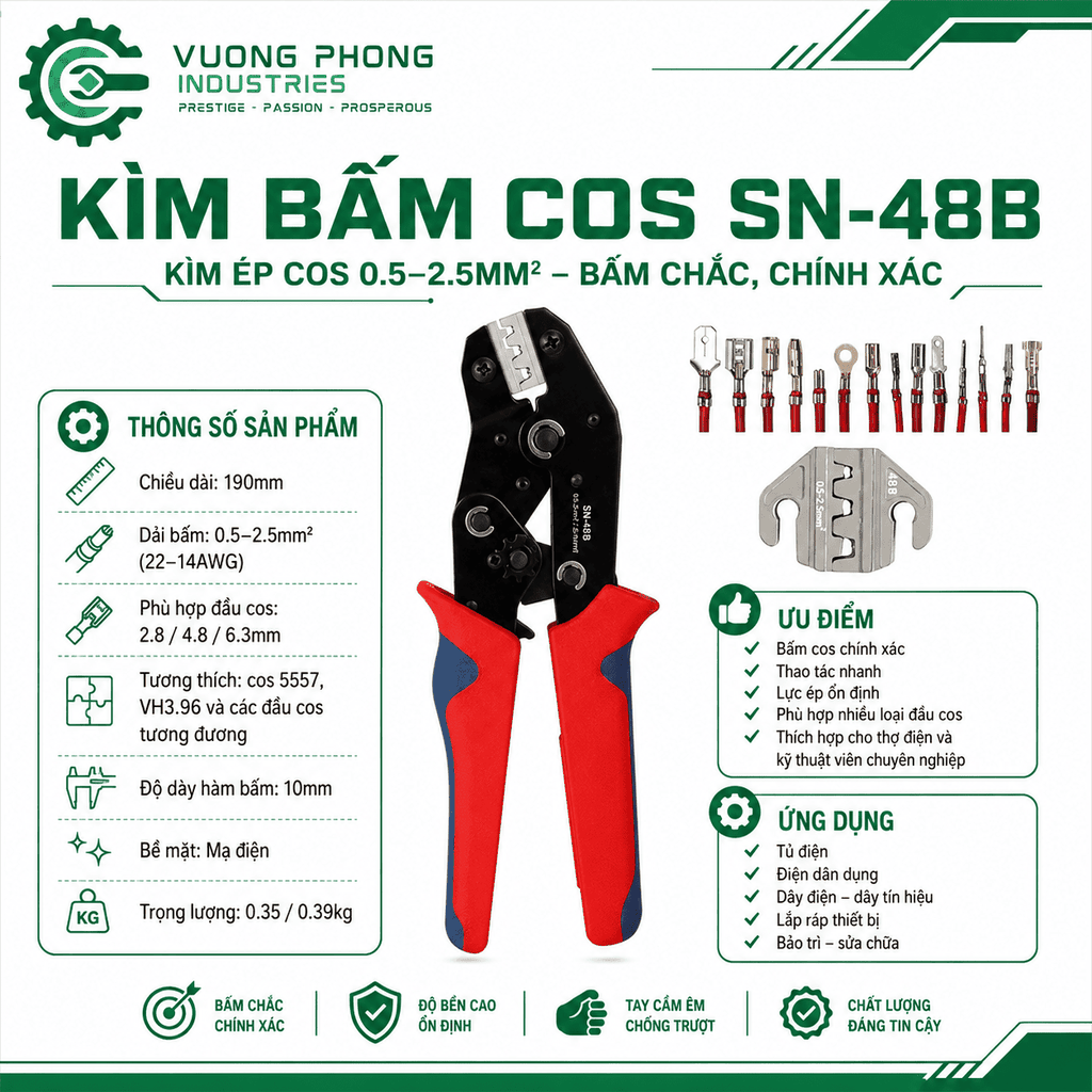 KÌM BẤM COS SN-48B – KÌM ÉP COS 0.5–2.5MM² – 22–14AWG – BẤM CHẮC, CHÍNH XÁC