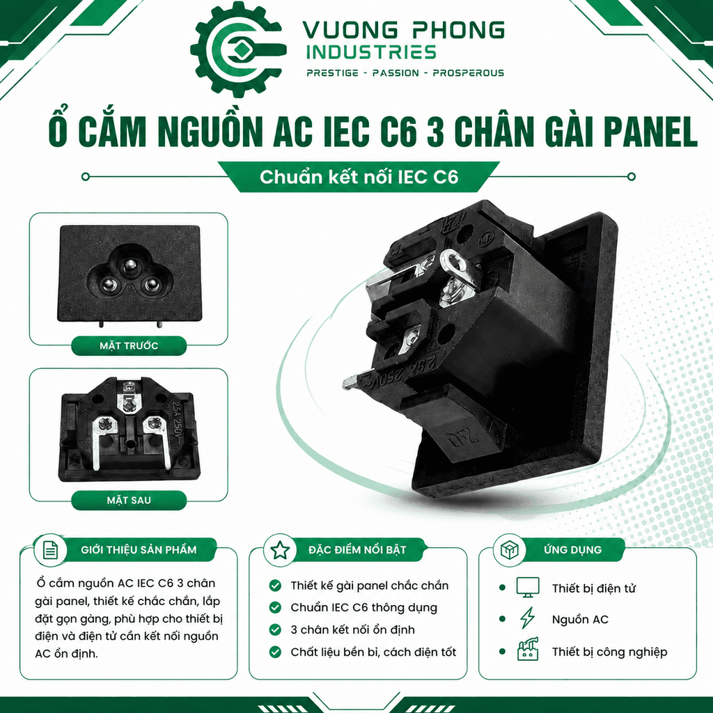 GIẮC/JACK Ổ CẮM NGUỒN AC IEC C6N 3 CHÂN GÀI PANEL – 2.5A 250V– GẮN PANEL