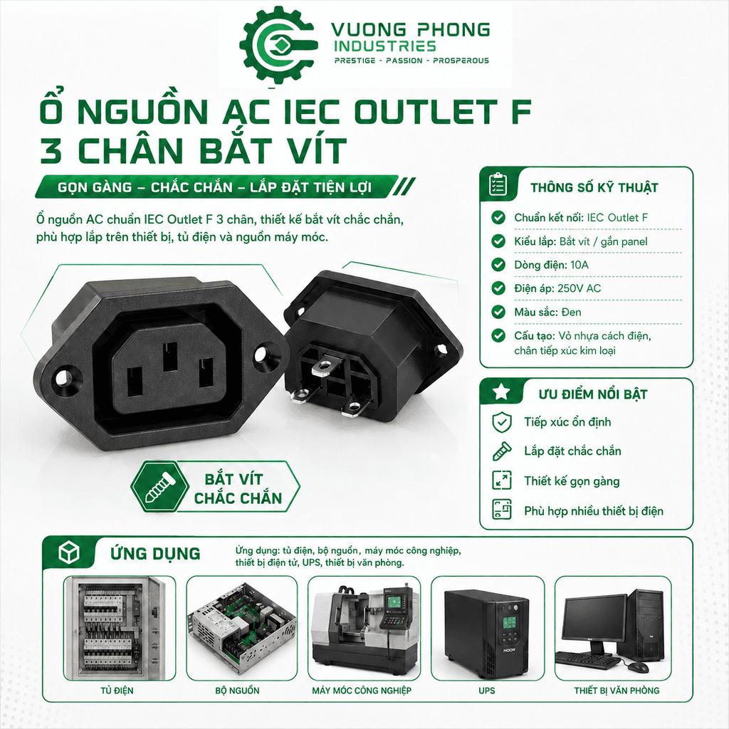GIẮC/JACK Ổ CẮM NGUỒN AC IEC OUTLET F 3 CHÂN BẮT VÍT – 10A 250V – GẮN PANEL