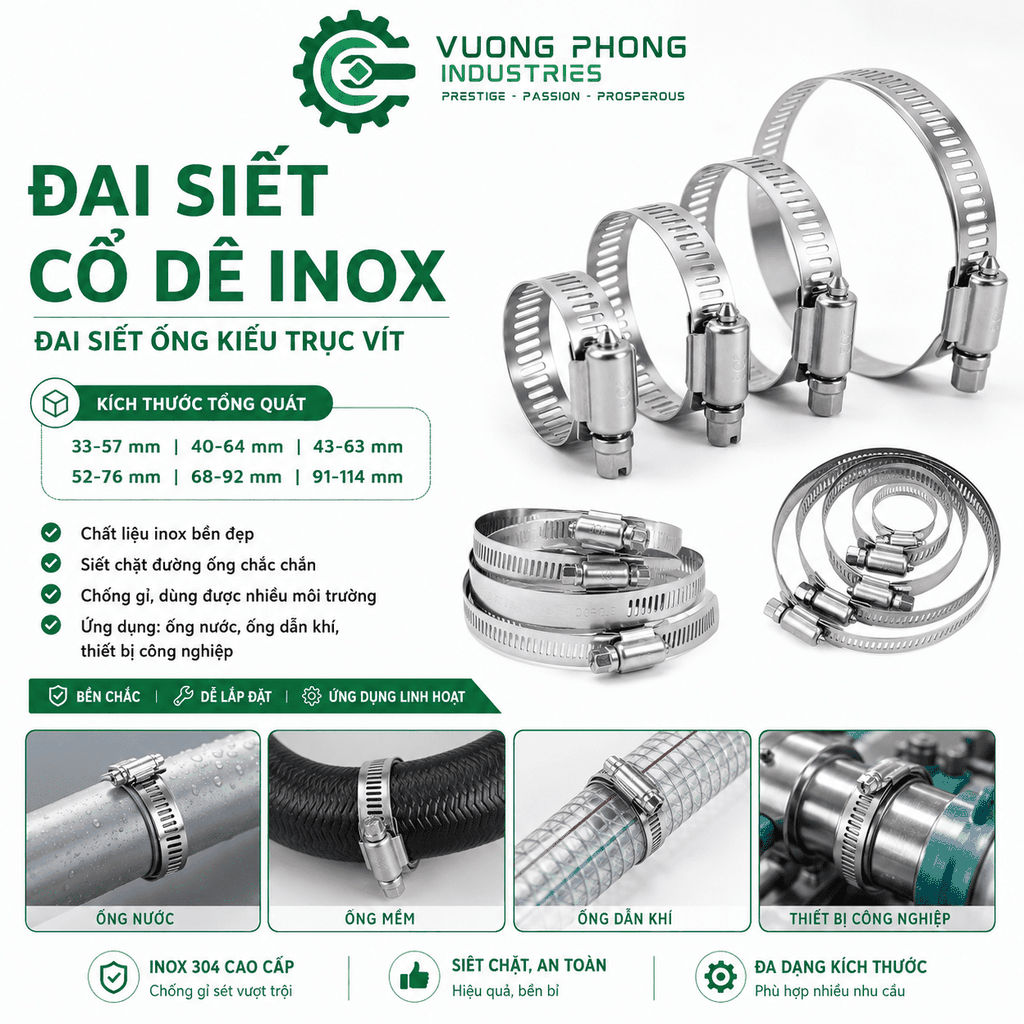[COMBO] ĐAI SIẾT CỔ DÊ INOX 33-114– ĐAI SIẾT ỐNG KIỂU TRỤC VÍT