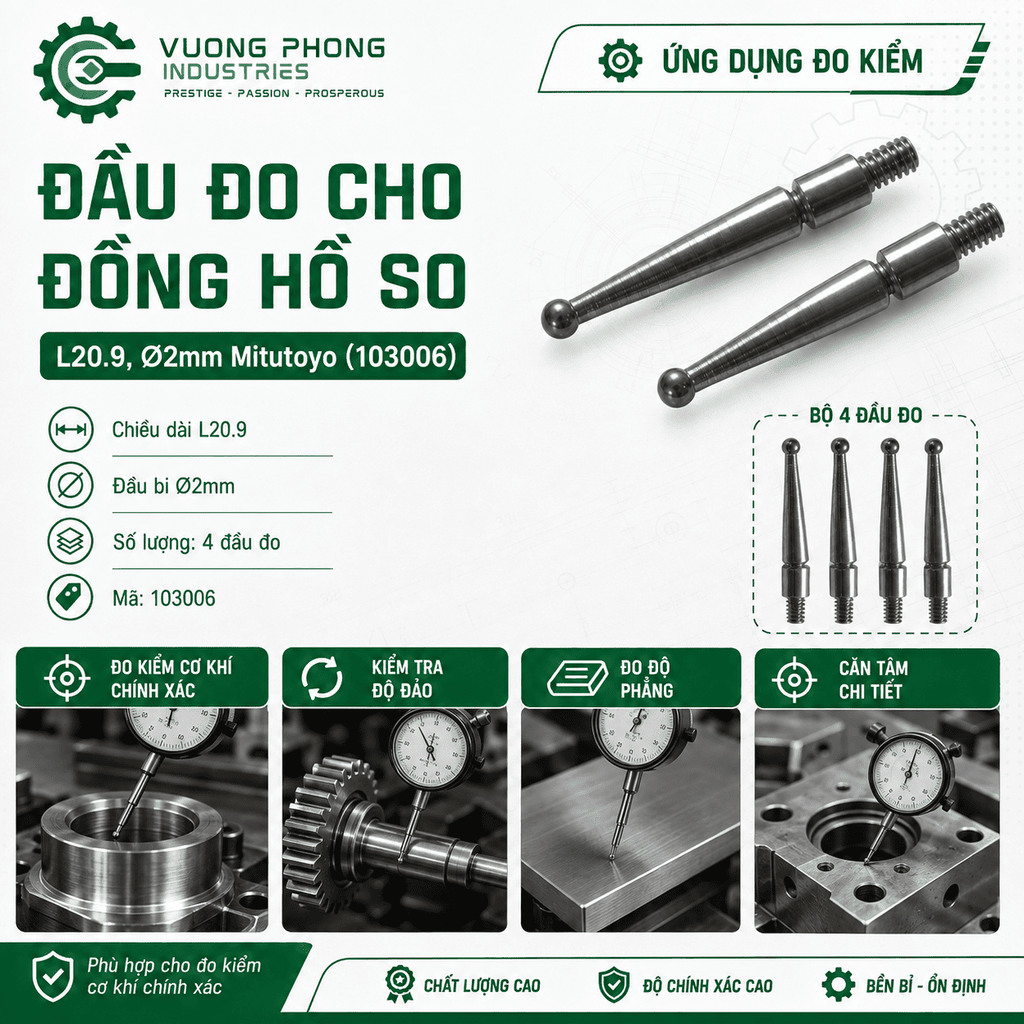 KIM ĐỒNG HỒ SO MITUTOYO 103006 L20.9 Ø2MM – ĐẦU BI ĐO KIỂM CƠ KHÍ CHÍNH XÁC – BỘ 4 ĐẦU