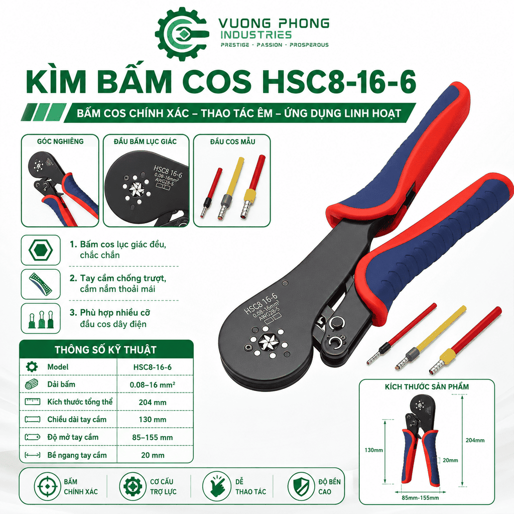 KÌM BẤM COS HSC8-16-6 – KÌM ÉP COS LỤC GIÁC 0.08–16MM² – BẤM CHẮC, CHÍNH XÁC