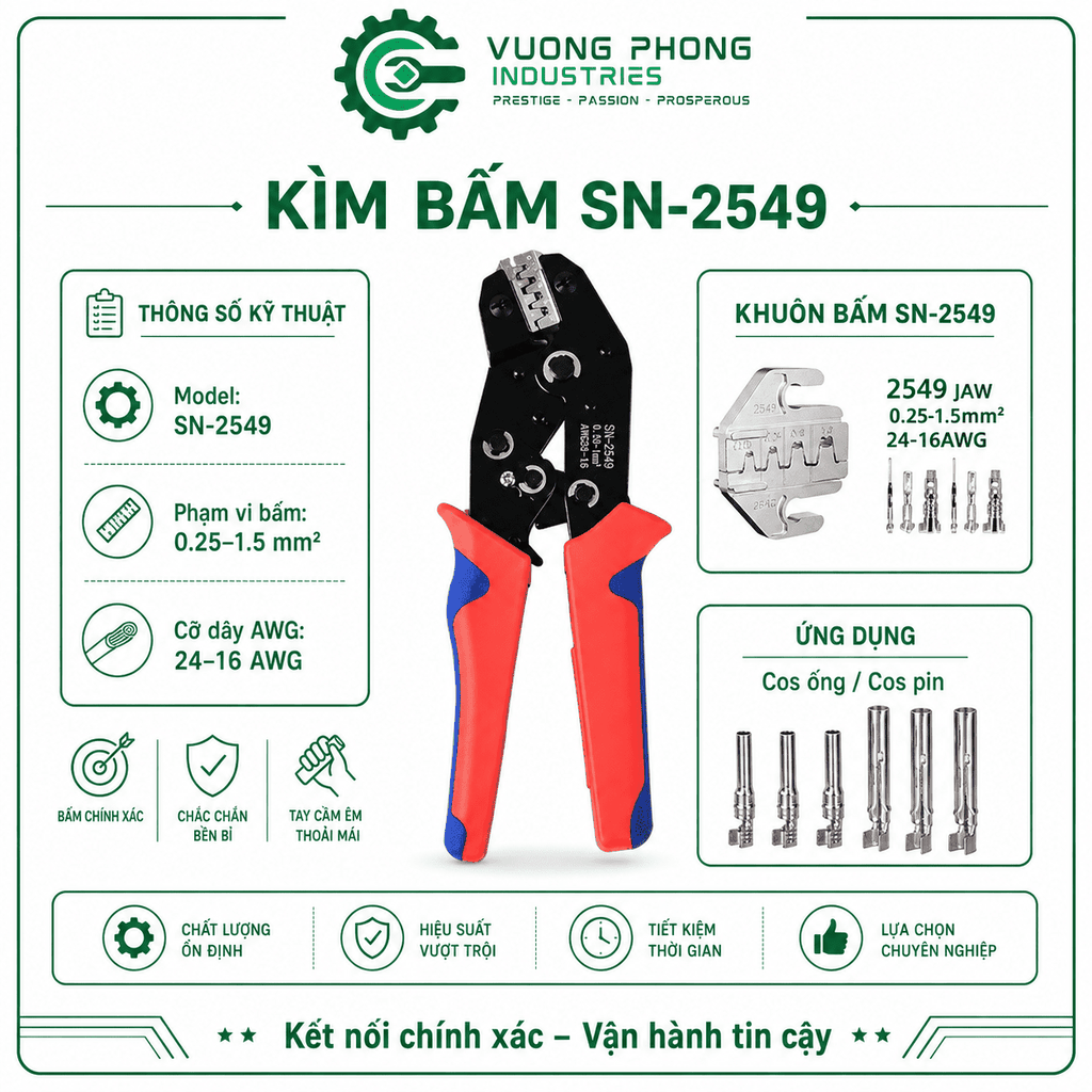 KÌM BẤM COS SN-2549 – KÌM ÉP COS 0.25–1.5MM² – 24–16AWG – CHUYÊN DỤNG