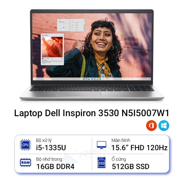 Laptop Dell Inspiron 3530 N5I5007W1 (i5 1335U/ 16GB/ 512GB SSD/15.6 inch FHD/ 120Hz/ Win 11/ Office/ Silver/1Y)