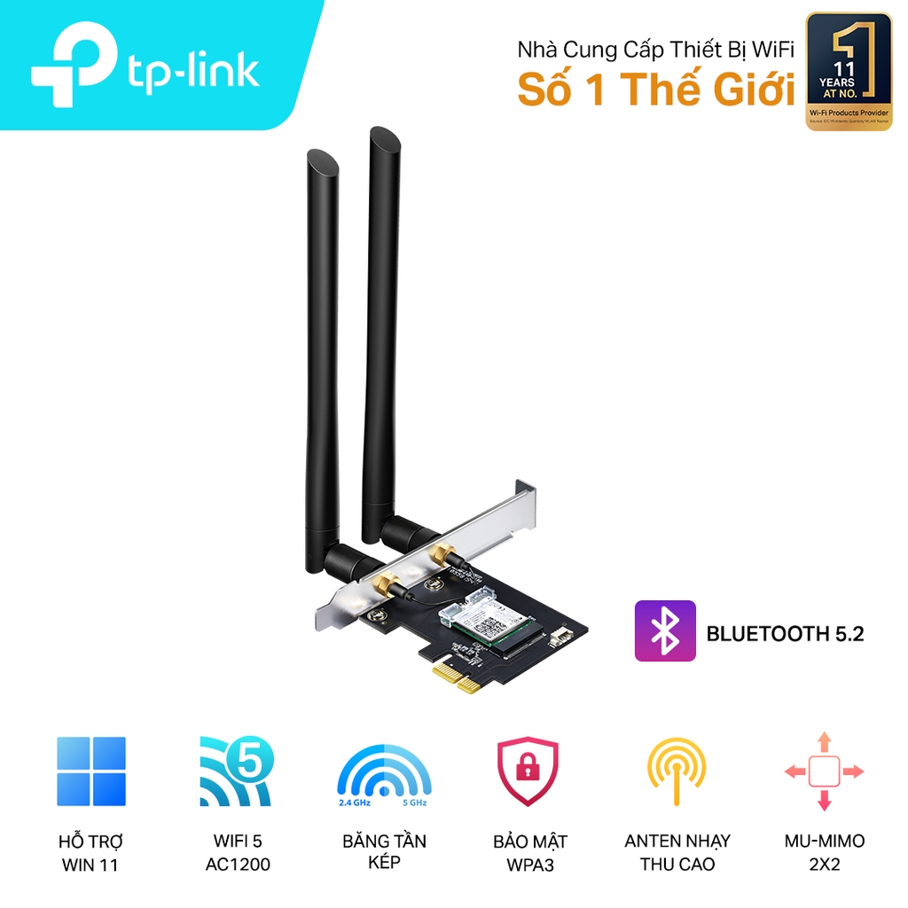 Cạc mạng không dây TP-Link PCI-E Archer T5E (Chuẩn AC/ AC1200Mbps/ 2 Ăng-ten ngoài/ Bluetooth)