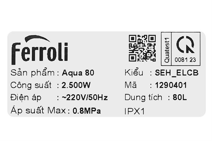 Bình nước nóng gián tiếp Ferroli Aqua 80 lít 2500W