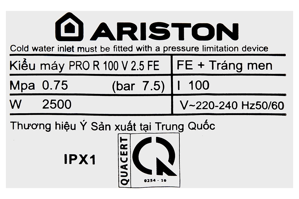 Bình nước nóng gián tiếp Ariston 100 lít 2500W PRO R 100 V 2.5 FE
