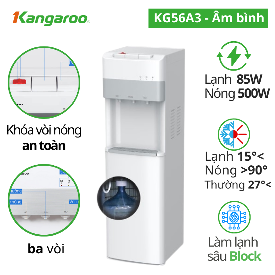 Cây nước nóng lạnh Kangaroo KG56A3, Âm bình, 3 vòi