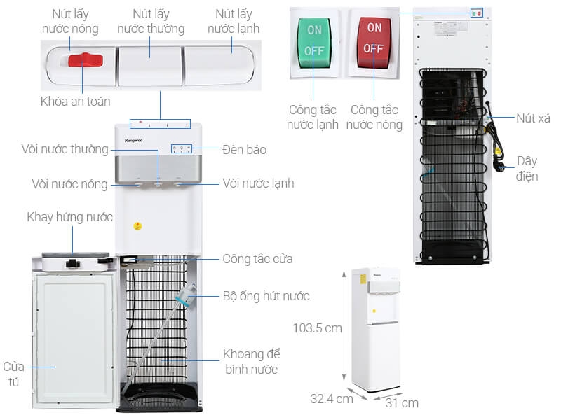 Cây nước nóng lạnh Kangaroo KG56A3, Âm bình, 3 vòi