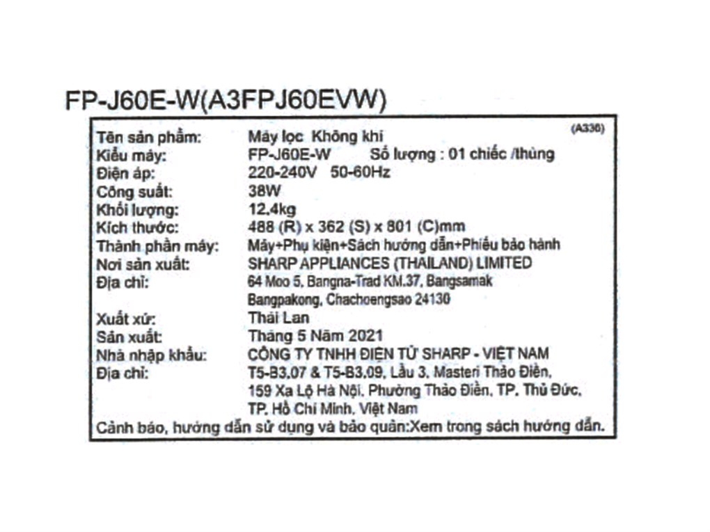 Máy lọc không khí Sharp FP-J60E-W (38w - 48m2)