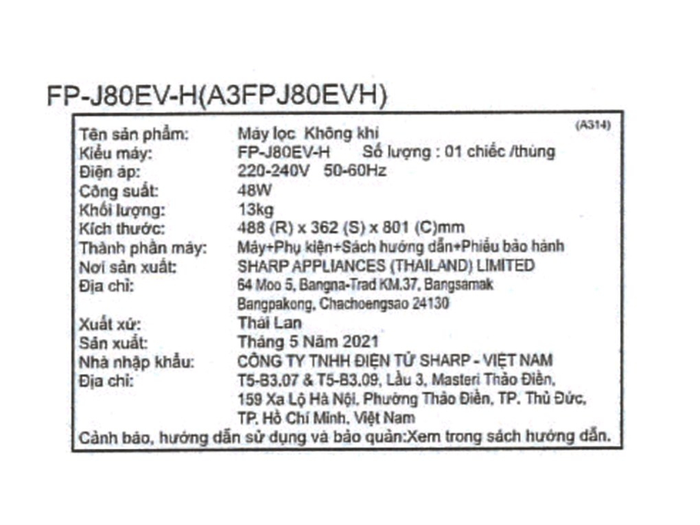 Máy lọc không khí Sharp FP-J80EV-H (48w - 62m2)