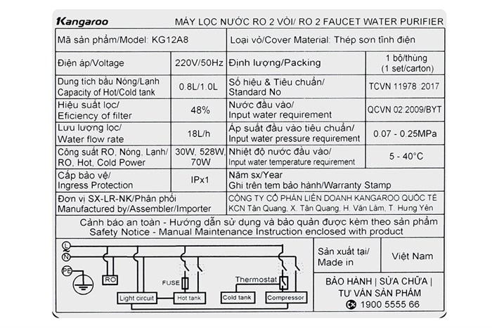 Máy lọc nước RO nóng nguội lạnh Hydrogen Kangaroo Sumire KG12A8 12 lõi