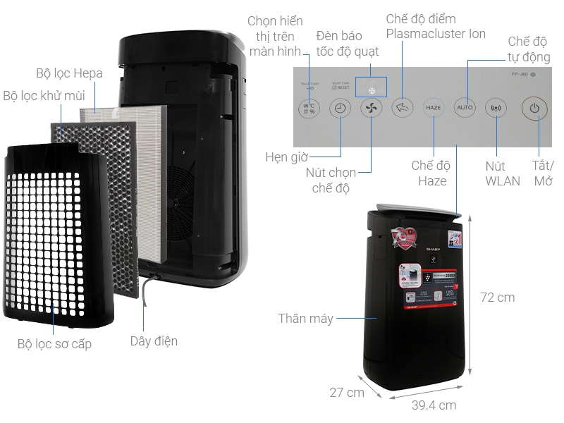 Máy lọc không khí Sharp FP-J80EV-H (48w - 62m2)