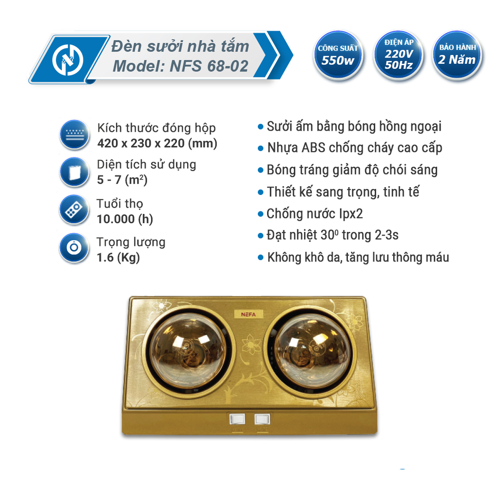 Đèn sưởi nhà tắm 2 bóng Nefa NFS 68-02 (Công suất 550w)