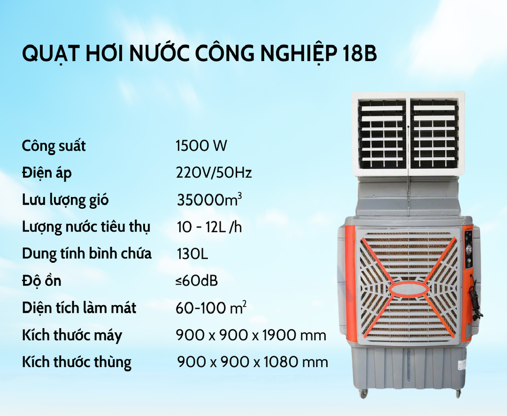 Quạt hơi nước công nghiệp NEFA 18B (bình chứa 130 lít - 1500w - 100m2)