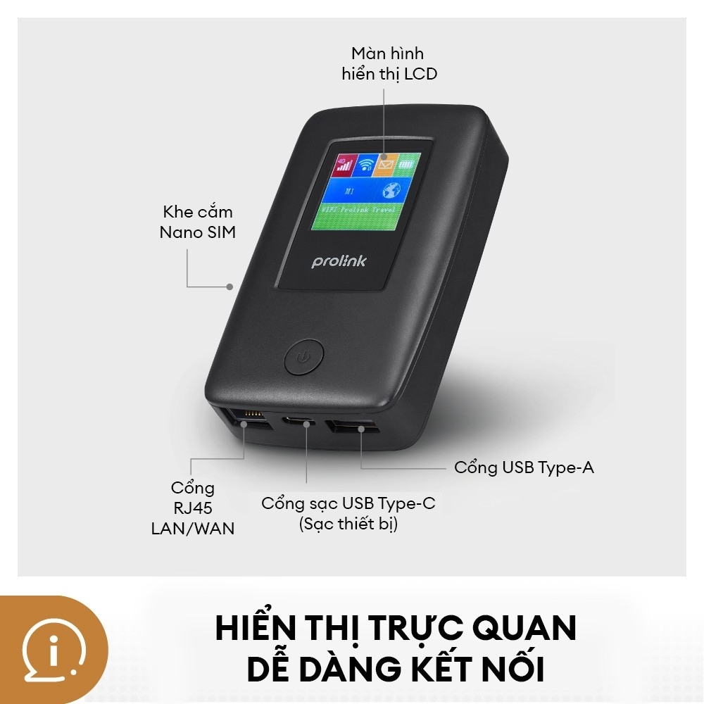 Bộ phát Wifi di động PROLiNK DL7203E dùng SIM 4G LTE 150Mbps, pin 5200mAH lên tới 25h, TFT 1.44