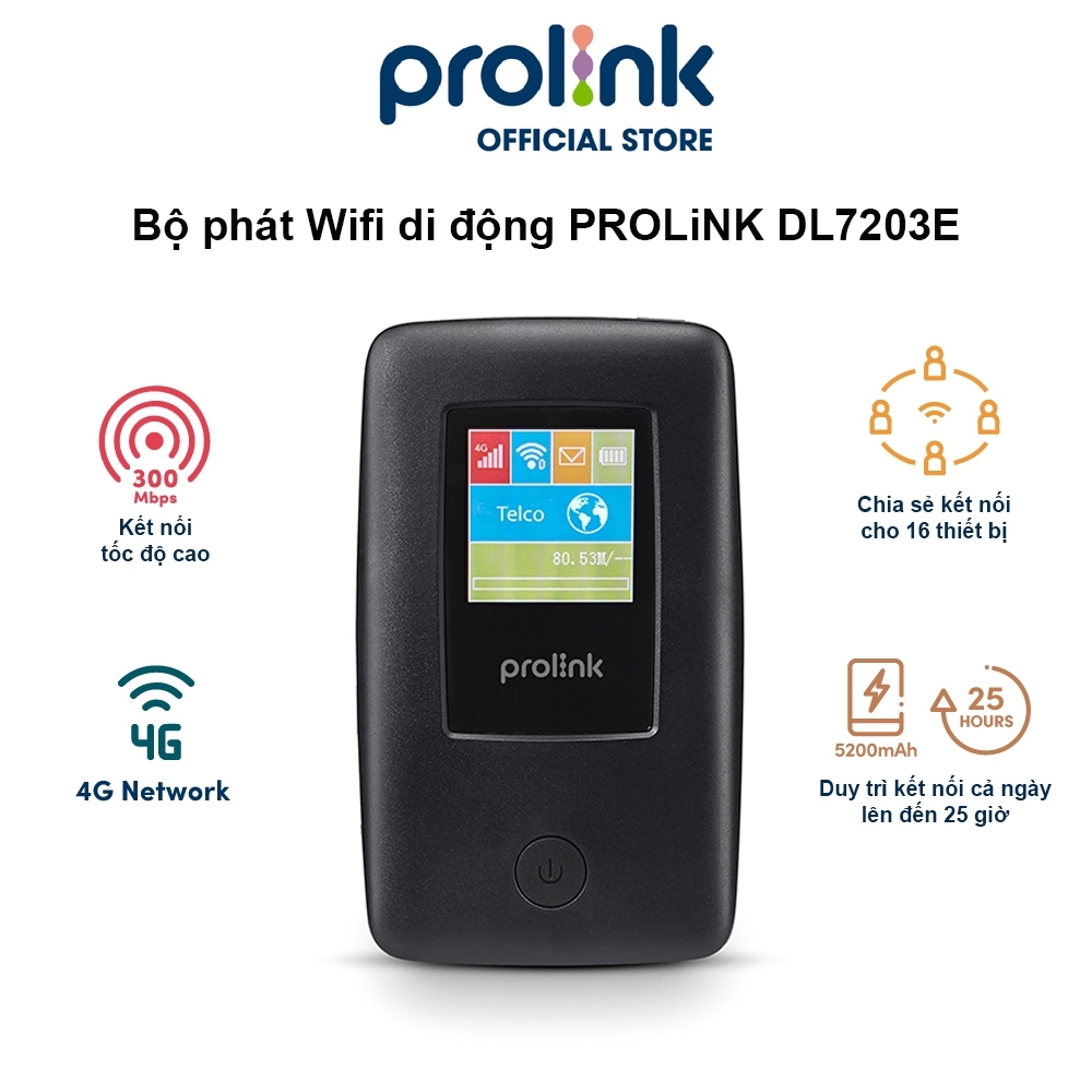 Bộ phát Wifi di động PROLiNK DL7203E dùng SIM 4G LTE 150Mbps, pin 5200mAH lên tới 25h, TFT 1.44
