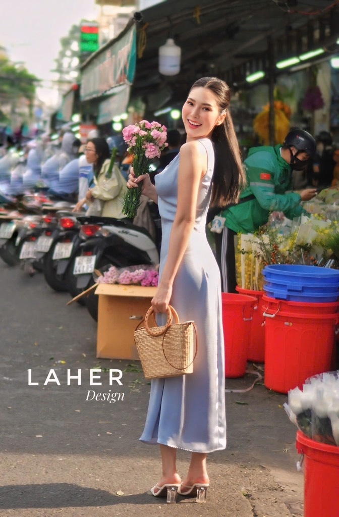 LAHER ĐẦM LỤA CỔ ĐỔ XANH OLIU