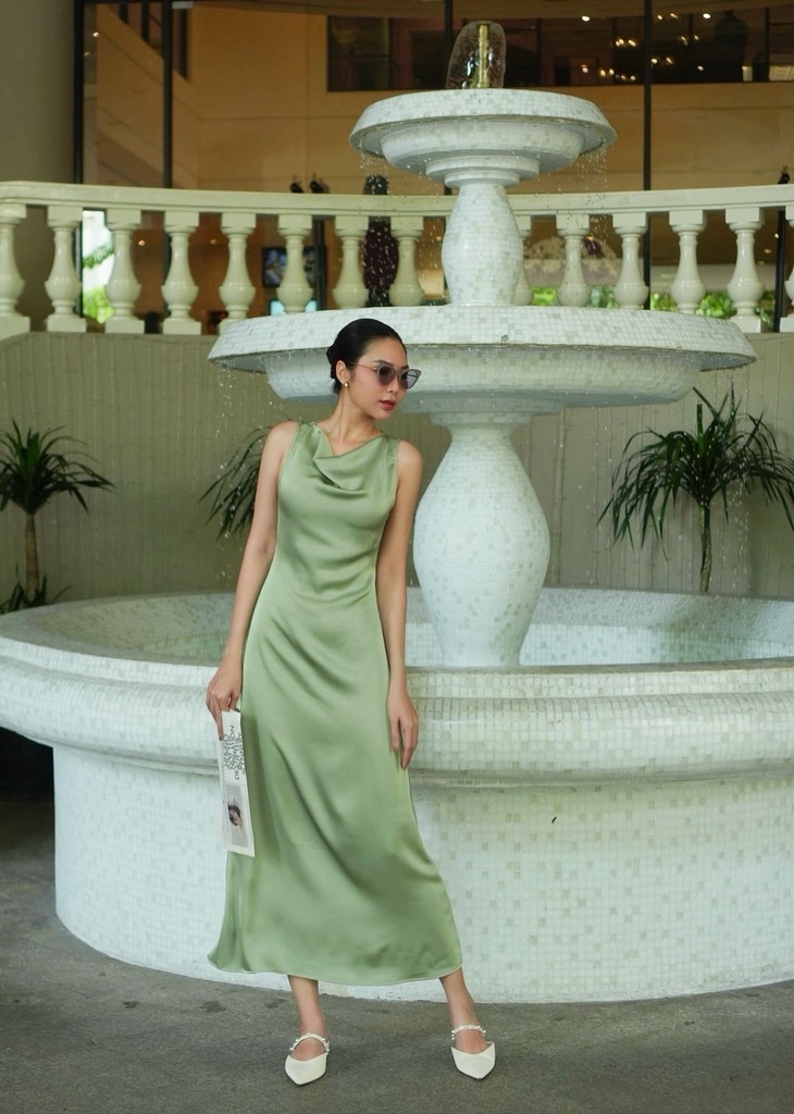 LAHER ĐẦM LỤA CỔ ĐỔ XANH OLIU