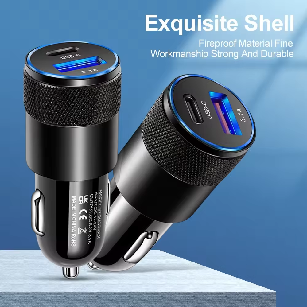 Fast Charging USB C  and USB 2 in 1 Car Charger - Ātrais Auto Lādētājs - Car Charger USB Type C Fast Charging Car Phone Adapter for iPhone Xiaomi Huawei Samsung Quick Charge 3.0