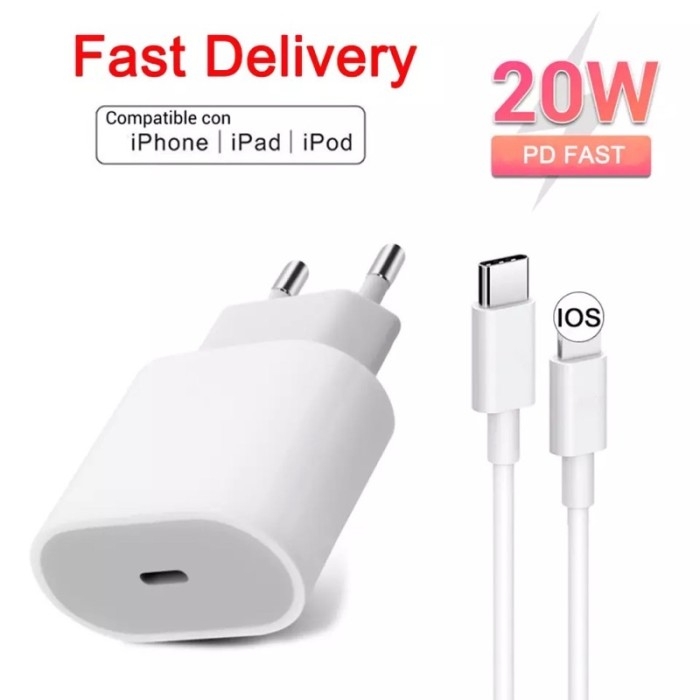Set Charger for Iphone - Accessory Fast Charger PD 20W - with Lightning to Type-C Cable - White