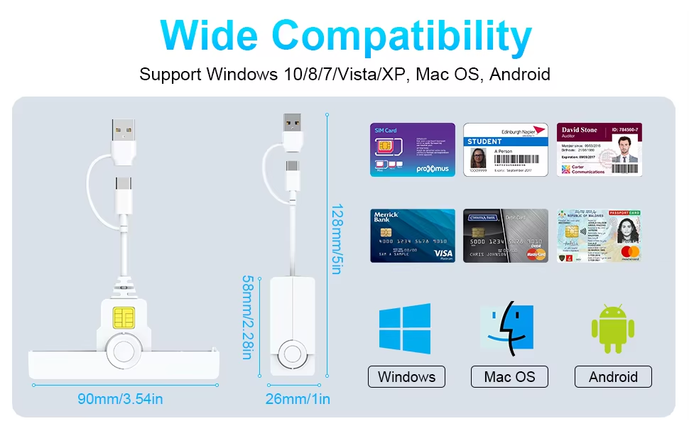 ID Chip Smart Card Reader Writer USB A USB C Credit Smart Card Reader