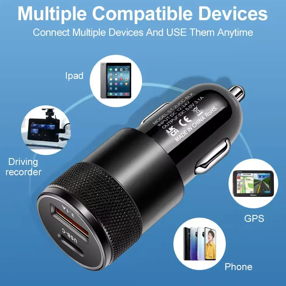 Fast Charging USB C  and USB 2 in 1 Car Charger - Ātrais Auto Lādētājs - Car Charger USB Type C Fast Charging Car Phone Adapter for iPhone Xiaomi Huawei Samsung Quick Charge 3.0